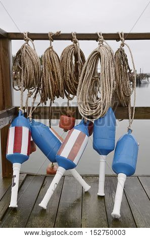 Lobster buoys and ropes at the dock
