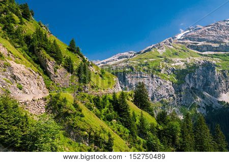 Klausen pass mountain road in Swiss Alps, Canton Uri, Central Switzerland