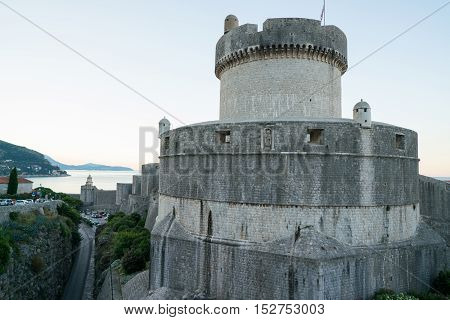 The Minceta Tower dominates the northwestern high part of the city and its walls in Dubrovnik, Croatia.