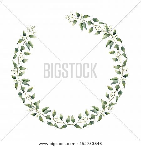 Watercolor floral border with eucalyptus leaves and flowers. Hand painted floral wreath with branches, leaves of eucalyptus isolated on white background. For design or background.