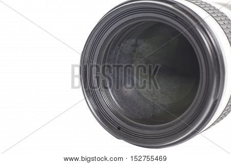 Camera photo optical lens over white background.