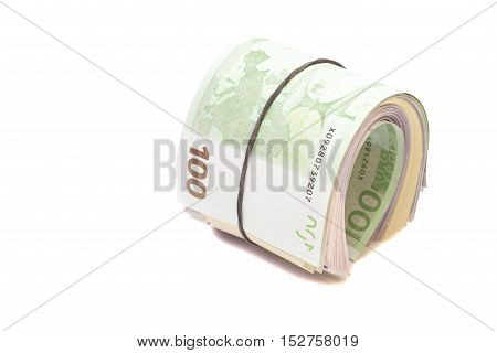 Euro banknotes under rubber band isolated on white