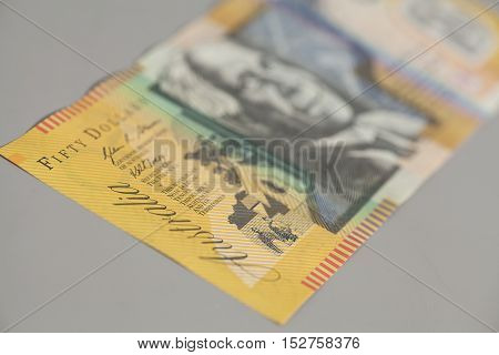 Australian Fifty Dollar Banknote on gray background