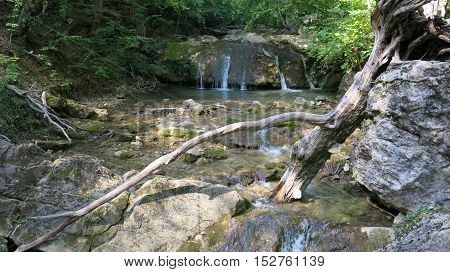 mountain river in the bottom of the canyon in a forest