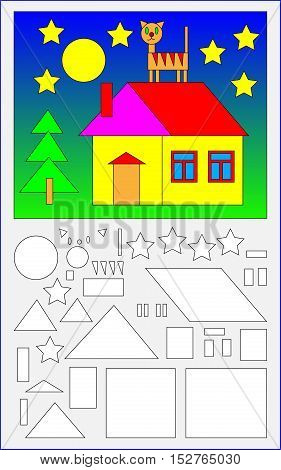 Educational page for young children.  Need to find the geometric figures in the picture and paint them in corresponding colors. Developing skills for counting. Vector cartoon image.