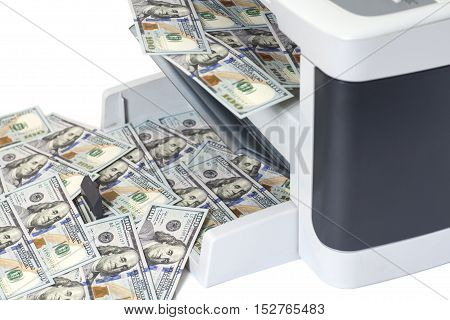 Printer printing fake dollar bills isolated on white background