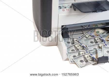 Printer printing  dollar bills isolated on white background