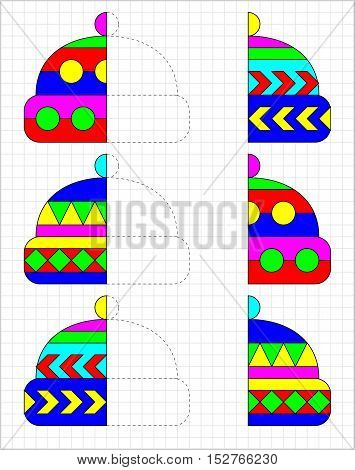 Logic puzzle on a square paper. Need to find the corresponding halves of caps, then draw and paint them in relevant ornament. Developing children skills for counting and drawing. Vector image.