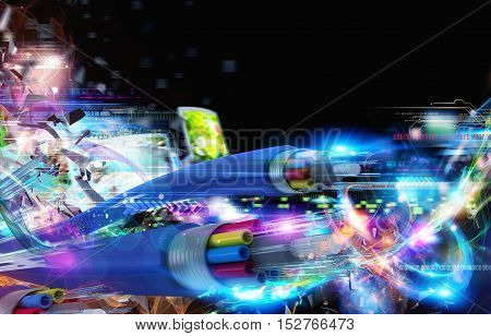 Image of optical fibers with binary codes. internet connection with fiber