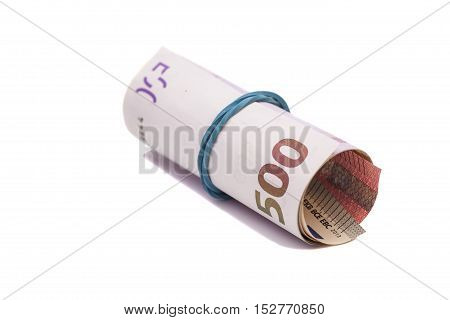 euro banknotes under rubber band isolated on white