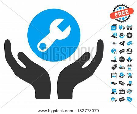 Wrench Maintenance pictograph with free bonus symbols. Vector illustration style is flat iconic symbols, blue and gray colors, white background.