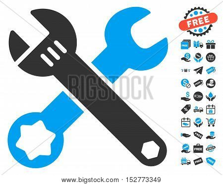 Wrenches icon with free bonus images. Vector illustration style is flat iconic symbols, blue and gray colors, white background.