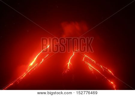 Volcanic landscape of Kamchatka Peninsula: night view of eruption Klyuchevskoy Volcano current lava flows on of volcano. Eurasia Russia Far East Kamchatka Klyuchevskaya Group of Volcanoes.