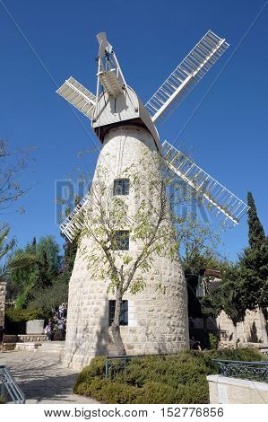 JERUSALEM ISRAEL - OCTOBER 19 2016: Montefiore Windmill in the Yemin Moshe quarter of Jerusalem