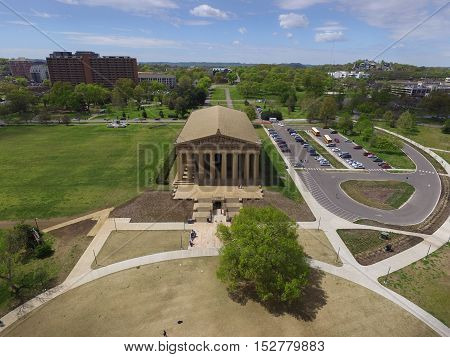Aerial picture of Parthenon museum in Nashville Tennessee with focus on the Parthenon on the center of the image