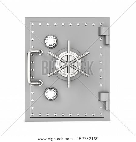 3d rendering of steel safe box placed in front of a viewer isolated on white background. Keeping money. Safety and security. Bulletproof.