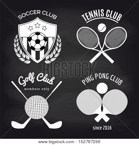 Set of sport banners on chalkboard. Football tennis ping pond and golf banners collection. Vector illustration