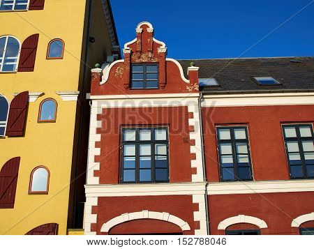 Colorful old traditional style city urban houses Svendborg Denmark