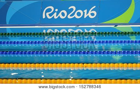 RIO DE JANEIRO, BRAZIL - AUGUST 12, 2016: Swimming pool at Olympic Aquatic Center during Rio 2016 Olympic Games