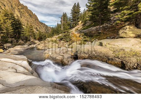 Waterfalls In The Mountains Of Restonica Valley In Corsica