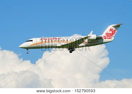 SAINT PETERSBURG, RUSSIA - AUGUST 24, 2016: Bombardier CRJ-100ER (VP-BNO) Rusline airline in flight above the clouds