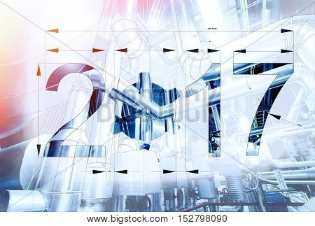 2017 Year Text Calendar Blueprint Drawing Combined With Picture Of Equpment