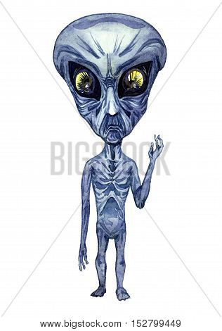 Portrait of gray alien, hand painted watercolor illustration