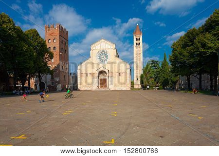 VERONA ITALY- September 08 2016: View on San Zeno Maggiore basilica and Piazza San Zeno in Verona Italy.