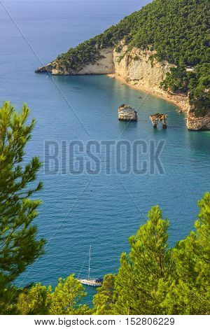 The most beautiful coasts of Italy:Zagare (or Mergoli) Bay  (Apulia).The beaches offer a breathtaking view with brigthly white karstic cliffs,emerald-blue sea,lush greenery of olive-trees,pine-woods.