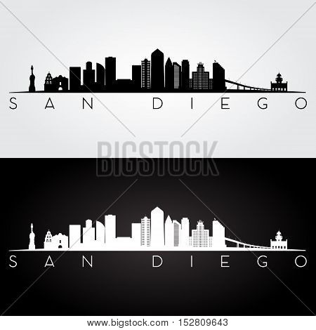San Diego USA skyline and landmarks silhouette black and white design vector illustration.
