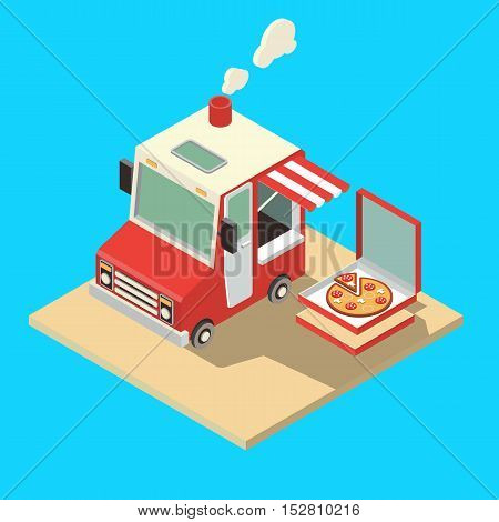 Food Truck. Delivery Master. Street Food Chef Web Template. Flat Icon Set Isometric Food Truck.