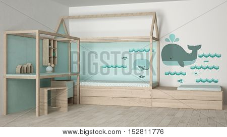 Children bedroom design, wooden furniture and turquoise complements
