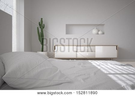 White minimalistic bedroom, scandinavian style, 3d illustration