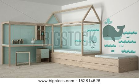 Children bedroom design, wooden furniture and turquoise complements