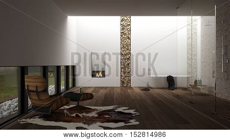 Bathroom minimal design with cow carpet, 3d illustration