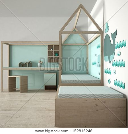 Children bedroom design, wooden furniture and turquoise complements