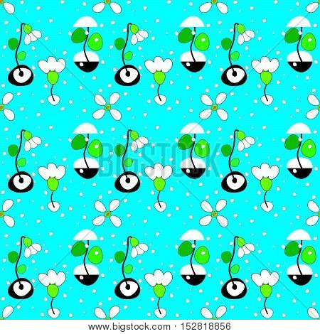 pattern with snowdrops and snowflakes on blue background
