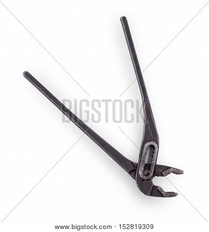 Old pliers isolated on white background. Instrument. Tool for construction and repair. Tool on white background.