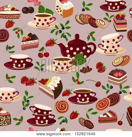 Seamless pattern with teapots, cups, sweets and berries.