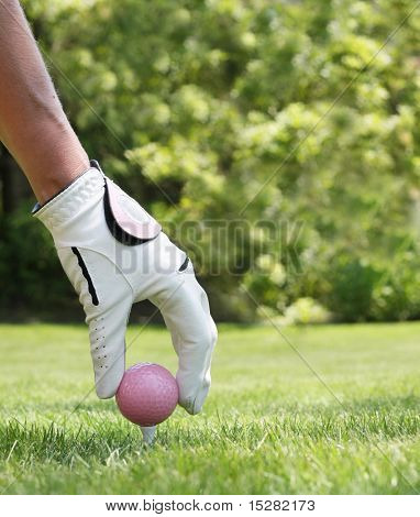 Damen Hand platzieren einen Rosa Golfball auf ein Tee.