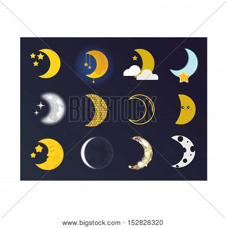 Phases of the moon  nature cosmos cycle satellite surface. Whole cycle from new moon month to full surface star astrology sphere.  illustration moon month astronomy space lunar.