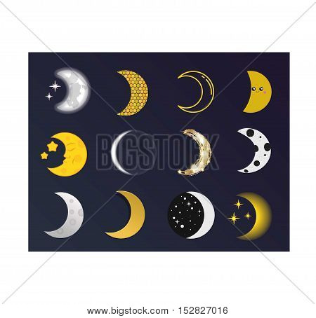 Phases of the moon  nature cosmos cycle satellite surface. Whole cycle from new moon month to full surface star astrology sphere.  illustration moon month astronomy space lunar.
