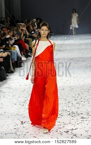KYIV UKRAINE - OCTOBER 13 2016: Model walks the runway at Yana Belyaeva collection show during the 39th Ukrainian Fashion Week at Mystetsky Arsenal in Kyiv