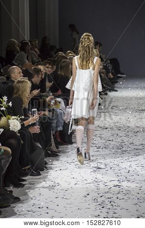 KYIV, UKRAINE - OCTOBER 13, 2016: Model walks the runway at Yana Belyaeva collection show during the 39th Ukrainian Fashion Week at Mystetsky Arsenal in Kyiv