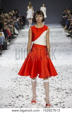 KYIV, UKRAINE - OCTOBER 13, 2016: Model walks the runway at Yana Belyaeva collection show during the 39th Ukrainian Fashion Week at Mystetsky Arsenal in Kyiv