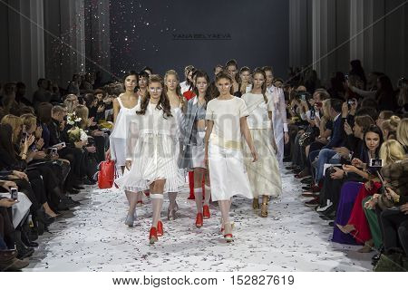 KYIV, UKRAINE - OCTOBER 13, 2016: Models walk the runway at Yana Belyaeva collection show during the 39th Ukrainian Fashion Week at Mystetsky Arsenal in Kyiv