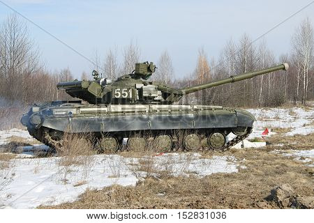 Zhitomir Ukraine - March 10 2011: Ukrainian Army main battle tank T-64B during the training triving