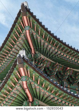 Closeup of the roof of Gwanghwamun Gate in Seoul, Korea.