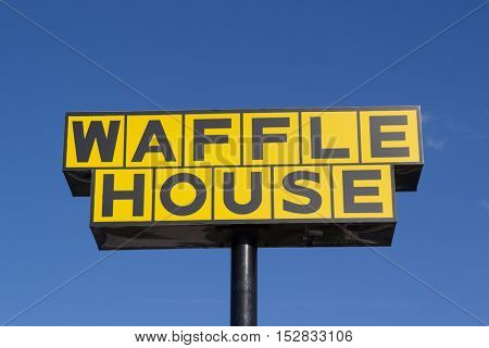 JACKSONVILLE, FL - OCTOBER 21, 2014: A Waffle House sign in Jacksonville. Waffle House Inc. is a restaurant chain with over 1700 locations found in 25 states in the United States.