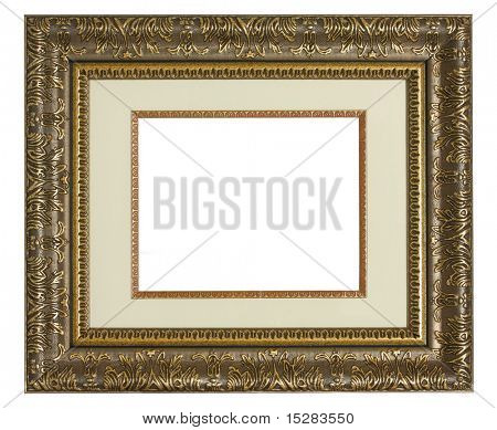 Old golden highly detailed picture frame with matting.